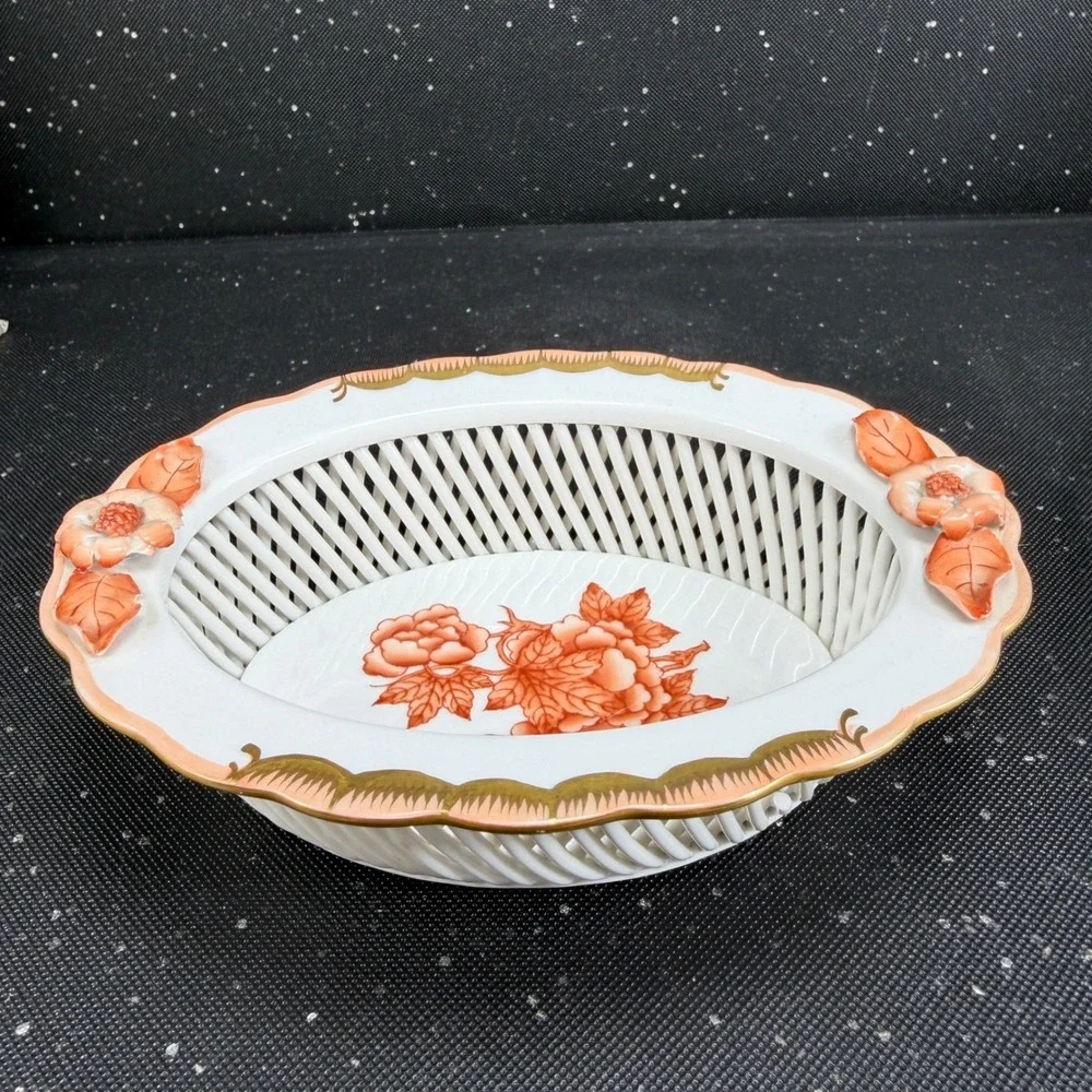 Herend Hungary Hand Painted Rust Floral Reticulated Porcelain Weave Basket Dish